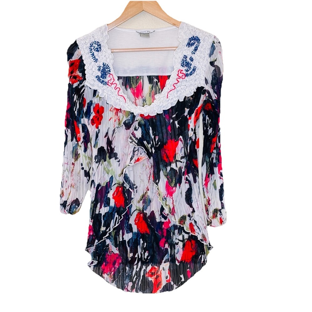 Alberto Makali Womens Fairy‎ Floral Top Size L Chiffon Ruffle Pleated Sequin